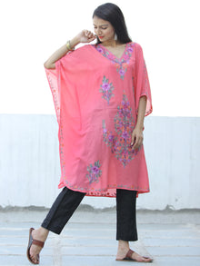 Peach Lilac Purple Aari Embroidered Kashmere Free Size Kaftan in Crushed Cotton - K11K055