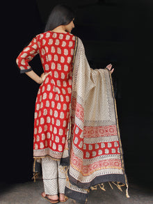 Red Black Beige Chanderi Block Printed Suit Set - Set of 3 - SS01F005