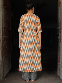 Peach White Grey Hand Woven Ikat Cotton Kurta & Pants  - Set of 2  - SS01F1227