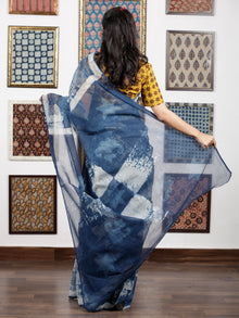 Indigo Ivory Hand Block Painted & Printed Kota Doria Saree in Natural Colors - S031703086
