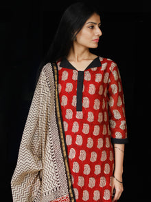 Red Black Beige Chanderi Block Printed Suit Set - Set of 3 - SS01F005