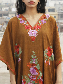 Light Brown with Multi color Aari Embroidered Long Kashmere Free Size Kaftan in Crushed Cotton - K11K005