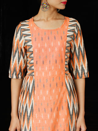 Peach White Grey Hand Woven Ikat Cotton Kurta & Pants  - Set of 2  - SS01F1227
