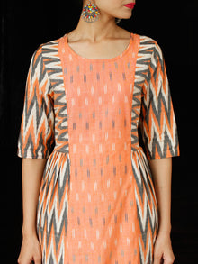 Peach White Grey Hand Woven Ikat Cotton Kurta & Pants  - Set of 2  - SS01F1227