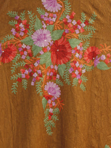 Light Brown with Multi color Aari Embroidered Long Kashmere Free Size Kaftan in Crushed Cotton - K11K005