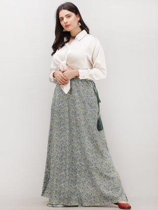 Grey Green Blue  Hand Block Printed Wrap Around Skirt  - S402F2041