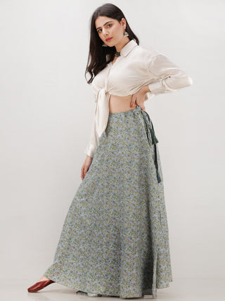 Grey Green Blue  Hand Block Printed Wrap Around Skirt  - S402F2041