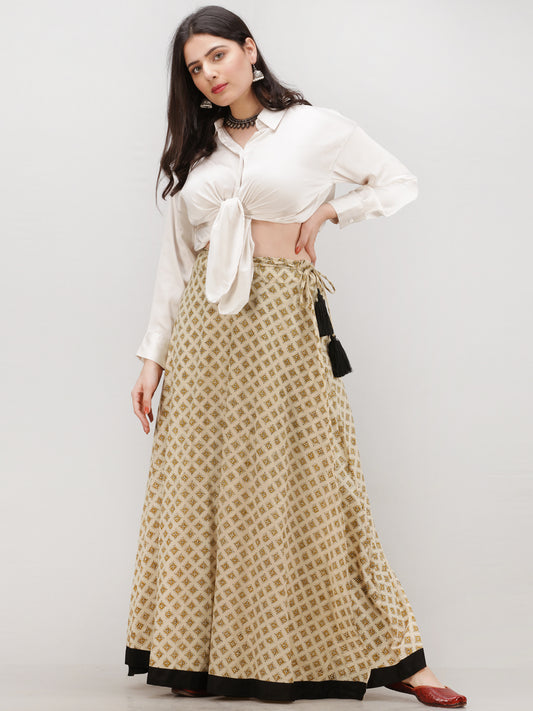 Beige Mustard Black Hand Block Printed Wrap Around Skirt  - S402F1074
