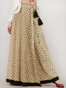 Beige Mustard Black Hand Block Printed Wrap Around Skirt  - S402F1074
