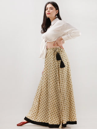 Beige Mustard Black Hand Block Printed Wrap Around Skirt  - S402F1074