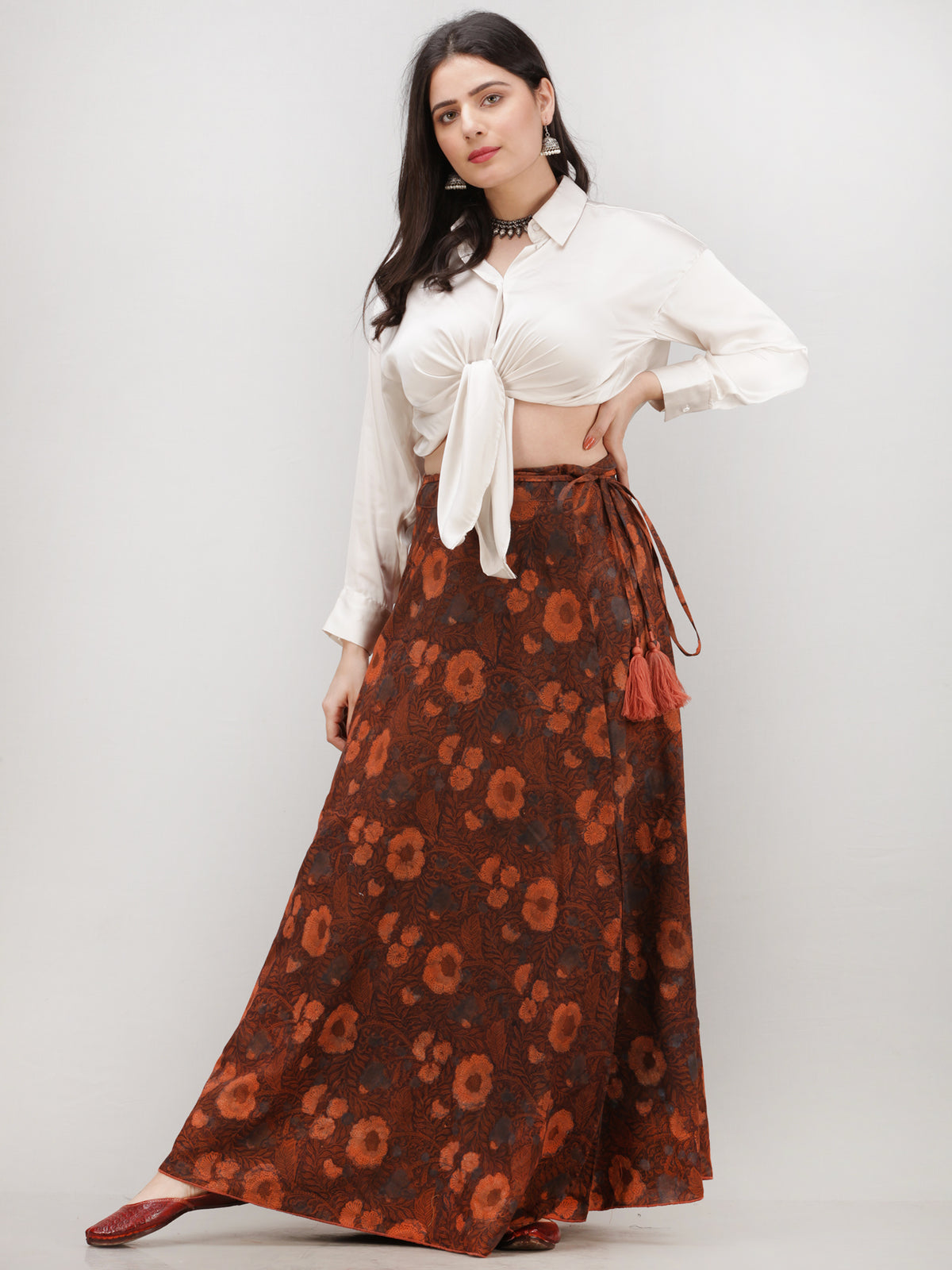 Brown Hand Block Printed Wrap Around Skirt  - S402F603