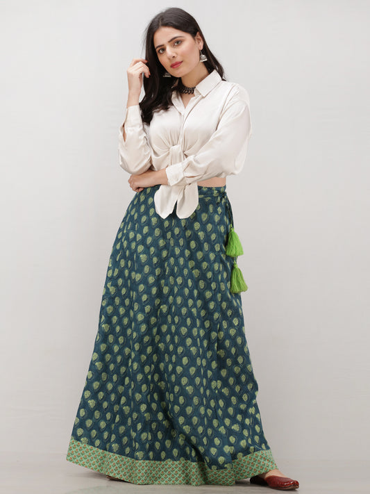 Bottle Green  Hand Block Printed Wrap Around Skirt  - S402F1865