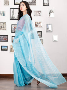 Sky Blue White Hand Shibori Dyed Kota Doria Saree in Natural Colors - S031702900