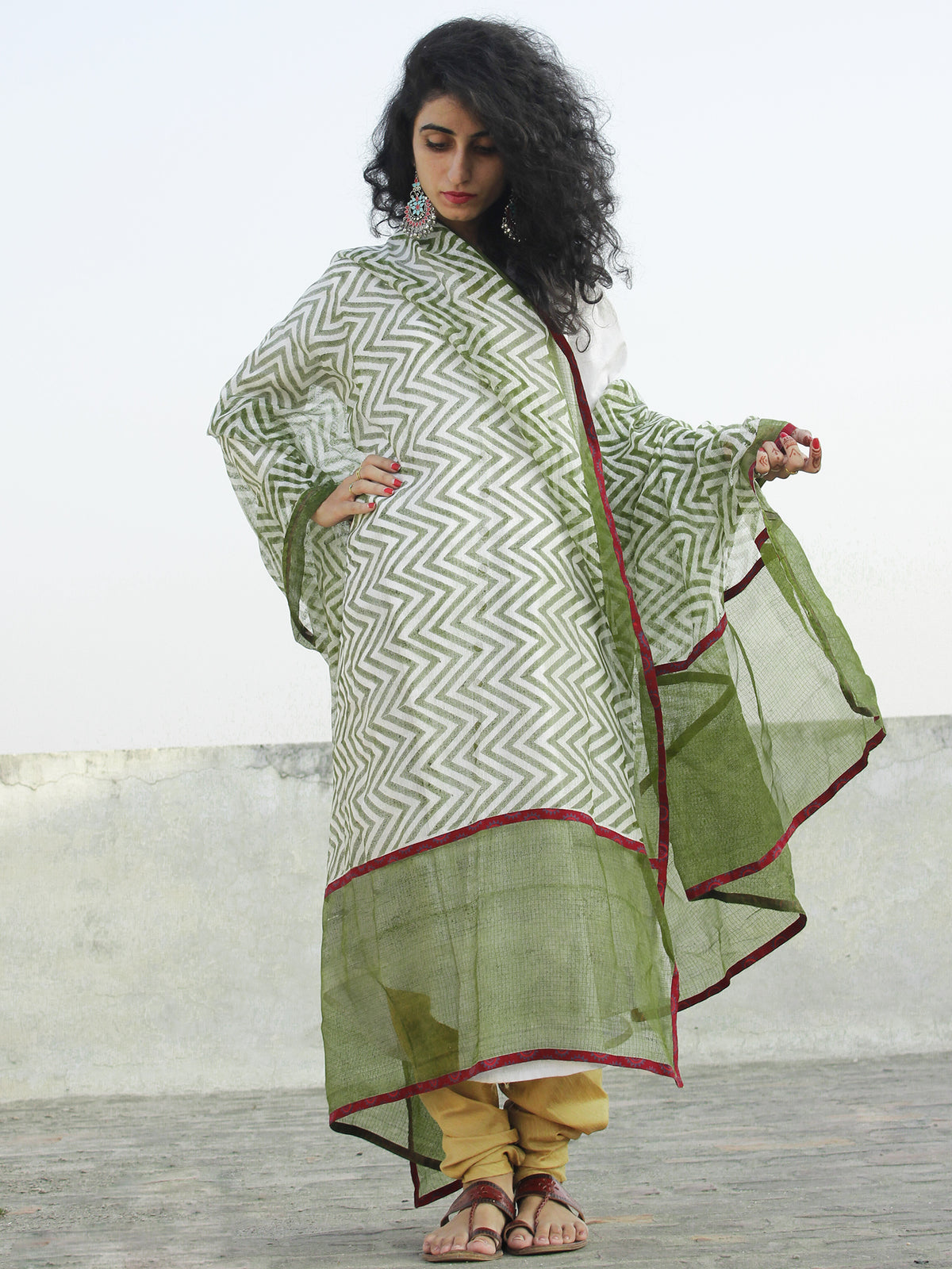 Asperous Green Ivory Kota Silk Hand Black Printed Dupatta With Ajrakh Printed Stitched Border - D04170132