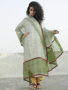 Asperous Green Ivory Kota Silk Hand Black Printed Dupatta With Ajrakh Printed Stitched Border - D04170132