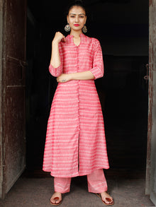 Pink Ivory Silk Cotton Ikat Kurta & Pants With Zari Embroidery (Set of 2)  - SS01F1563