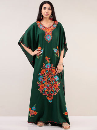 Bottle Green Aari Embroidered Kashmere Free Size Kaftan  - K12K025