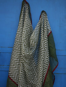 Asperous Green Ivory Kota Silk Hand Black Printed Dupatta With Ajrakh Printed Stitched Border - D04170132