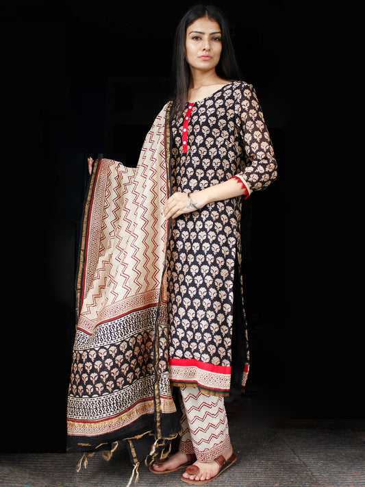 Black Beige Rust Chanderi Block Printed Suit Set - Set of 3 - SS01F006