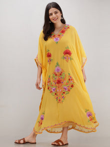Yellow Multicolor Aari Embroidered Kashmere Free Size Georgette Kaftan  - K12K002
