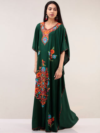 Bottle Green Aari Embroidered Kashmere Free Size Kaftan  - K12K025