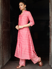 Pink Ivory Silk Cotton Ikat Kurta & Pants With Zari Embroidery (Set of 2)  - SS01F1563