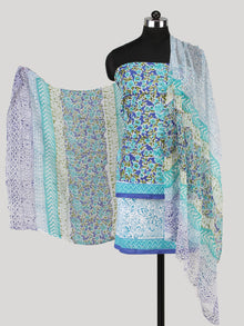 White Indigo Sea Blue Hand Block Printed Cotton Suit-Salwar Fabric With Chiffon Dupatta (Set of 3) - SU01HB427