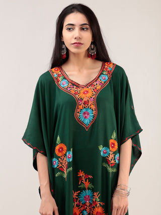 Bottle Green Aari Embroidered Kashmere Free Size Kaftan  - K12K025