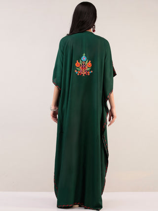Bottle Green Aari Embroidered Kashmere Free Size Kaftan  - K12K025