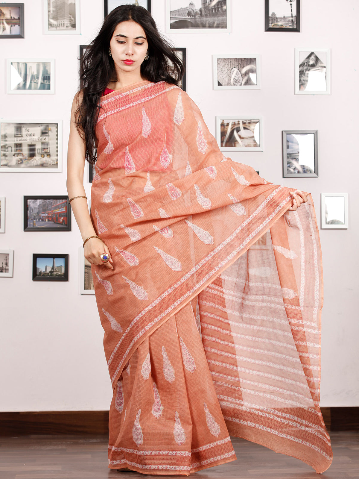 Peach Ivory Hand Block Printed Kota Doria Saree in Natural Colors - S031702905