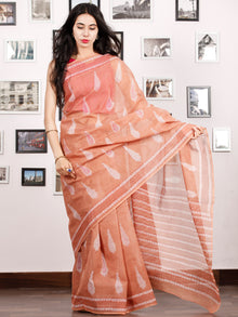 Peach Ivory Hand Block Printed Kota Doria Saree in Natural Colors - S031702905