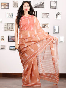 Peach Ivory Hand Block Printed Kota Doria Saree in Natural Colors - S031702905