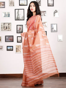 Peach Ivory Hand Block Printed Kota Doria Saree in Natural Colors - S031702905