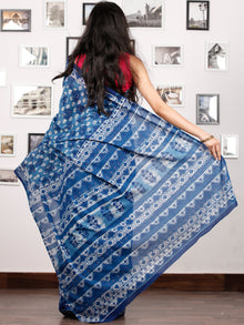 Indigo Ivory Hand Block Printed Cotton Saree In Natural Colors - S031702906