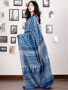 Indigo Ivory Hand Block Printed Cotton Saree In Natural Colors - S031702907