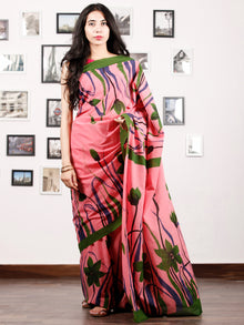 Pink Green Blue Block Printed & Hand Painted Cotton Mul Saree - S031702908