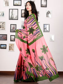 Pink Green Blue Block Printed & Hand Painted Cotton Mul Saree - S031702908