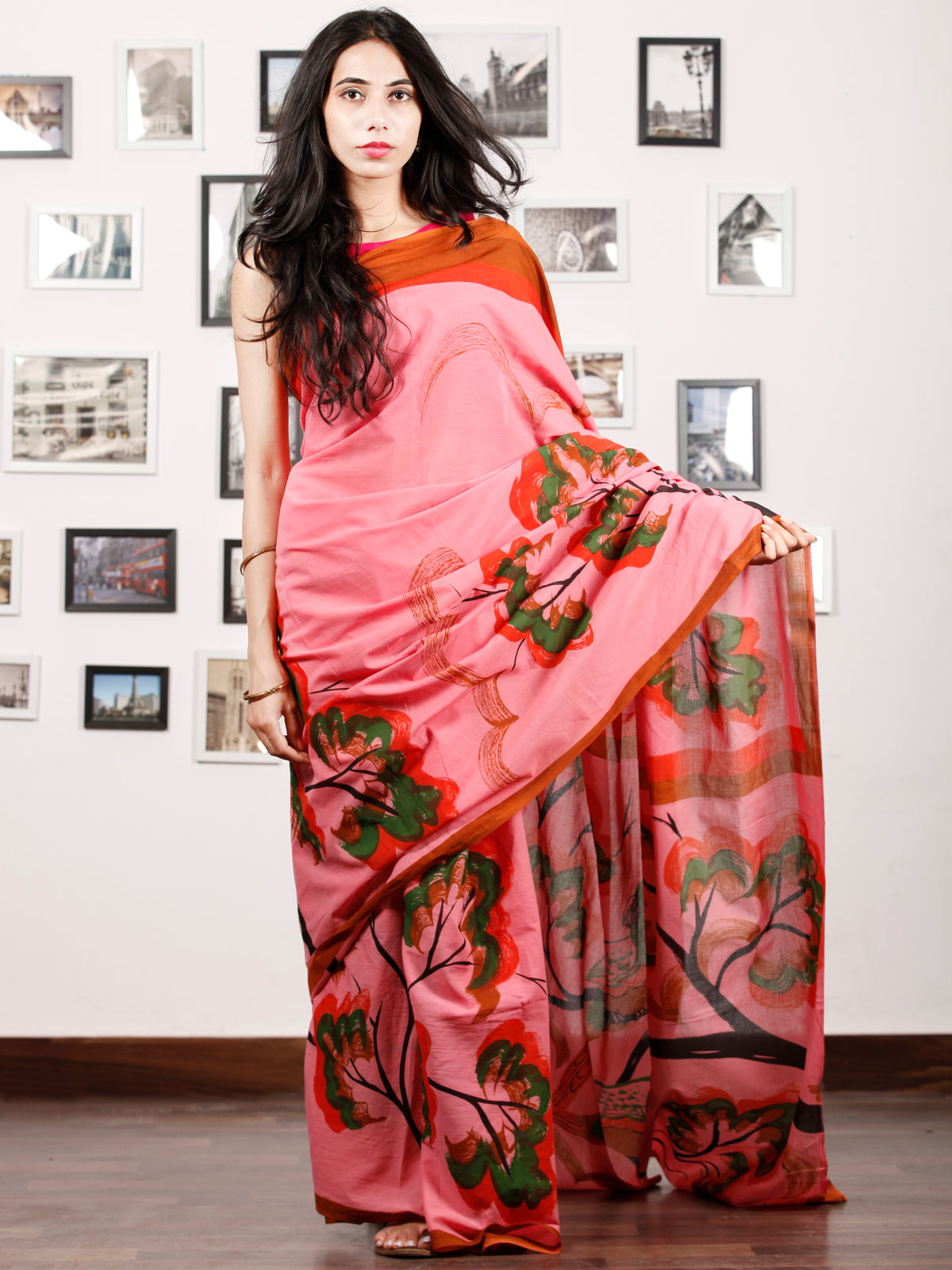 Pink Red Rust Green Block Printed & Hand Painted Cotton Mul Saree - S031702909