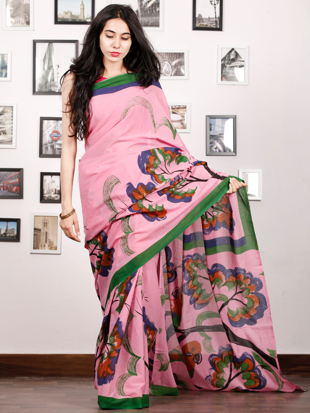 Pink Indigo Green Rust Block Printed & Hand Painted Cotton Mul Saree - S031702910