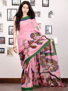 Pink Indigo Green Rust Block Printed & Hand Painted Cotton Mul Saree - S031702910