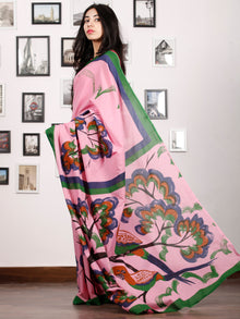 Pink Indigo Green Rust Block Printed & Hand Painted Cotton Mul Saree - S031702910
