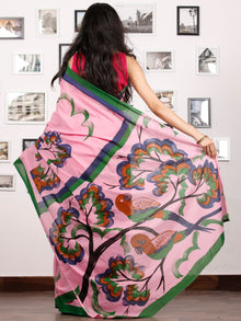 Pink Indigo Green Rust Block Printed & Hand Painted Cotton Mul Saree - S031702910