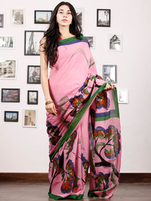 Pink Indigo Green Rust Block Printed & Hand Painted Cotton Mul Saree - S031702910