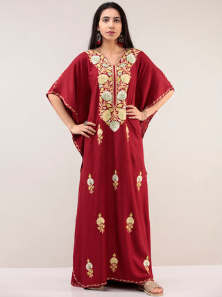 Maroon Aari Embroidered Kashmere Free Size Kaftan  - K12K026