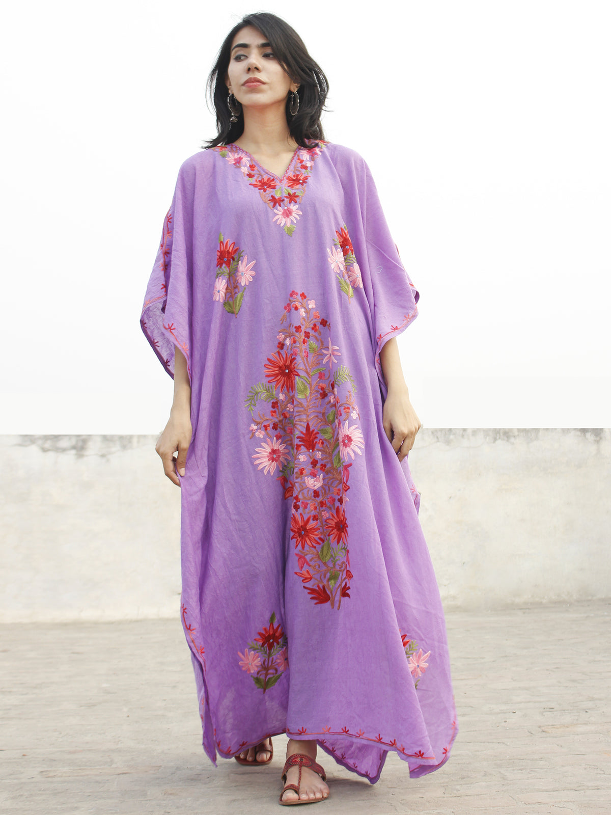 Mauve color Aari Embroidered Long Kashmere Free Size Kaftan in Crushed Cotton - K11K007
