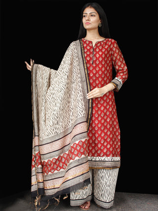 Red Black Beige Chanderi Block Printed Suit Set - Set of 3 - SS01F007