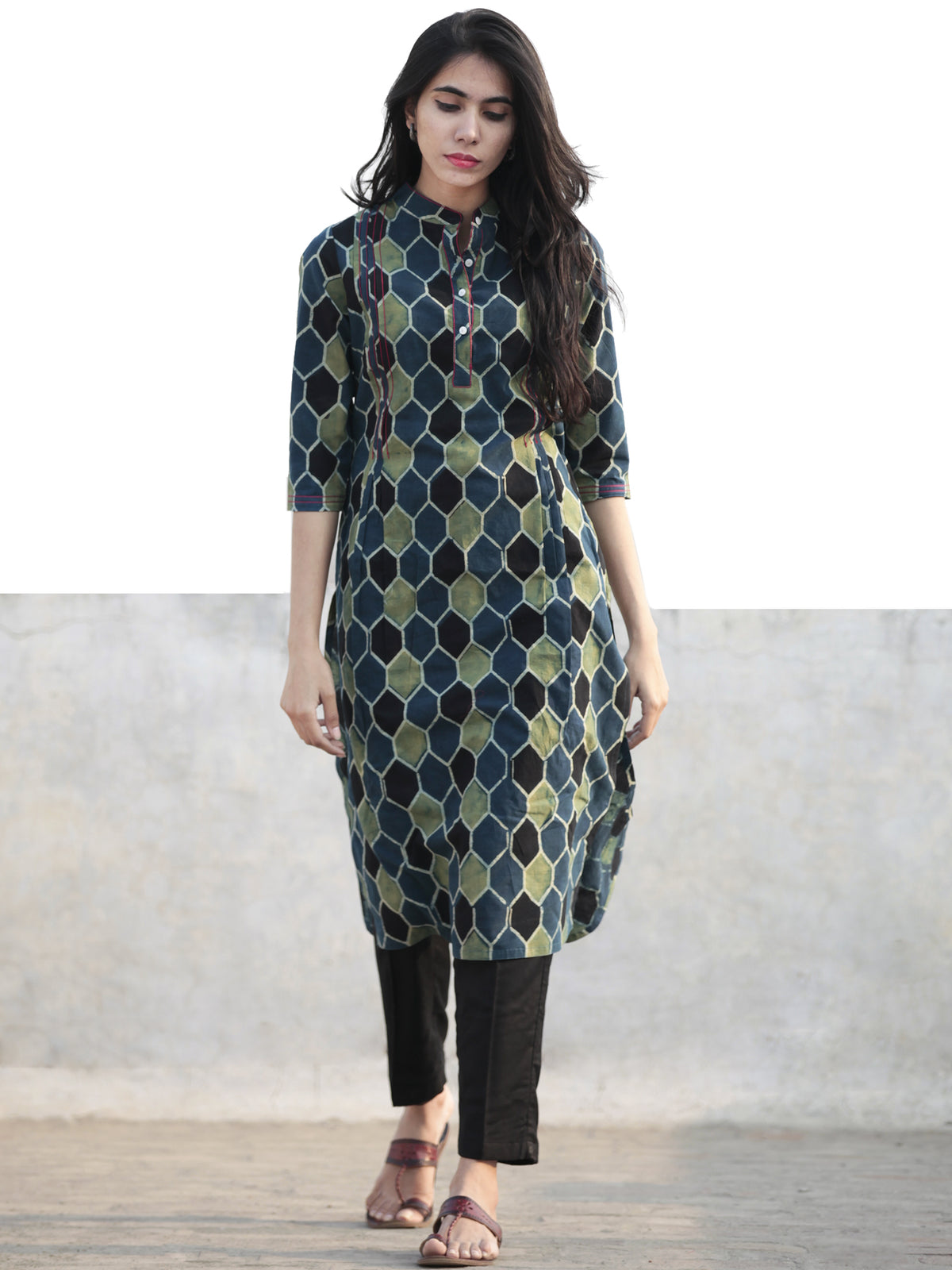 Green Black Indigo Hand Printed Ajrakh Kurta With Stand Collar - K52F1168