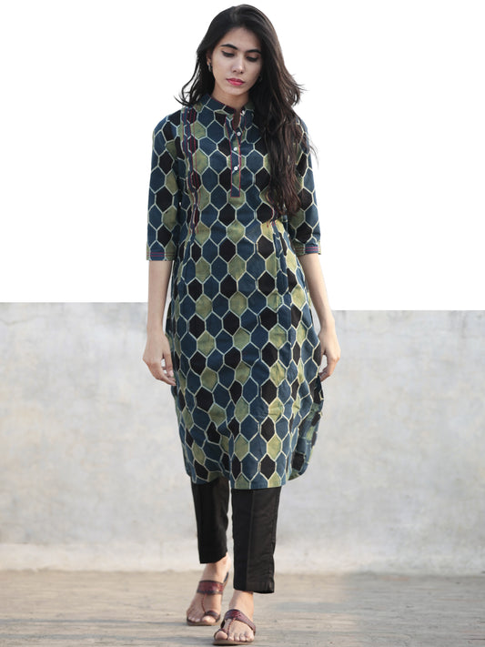 Green Black Indigo Hand Printed Ajrakh Kurta With Stand Collar - K52F1168