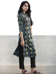 Green Black Indigo Hand Printed Ajrakh Kurta With Stand Collar - K52F1168