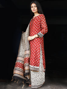 Red Black Beige Chanderi Block Printed Suit Set - Set of 3 - SS01F007